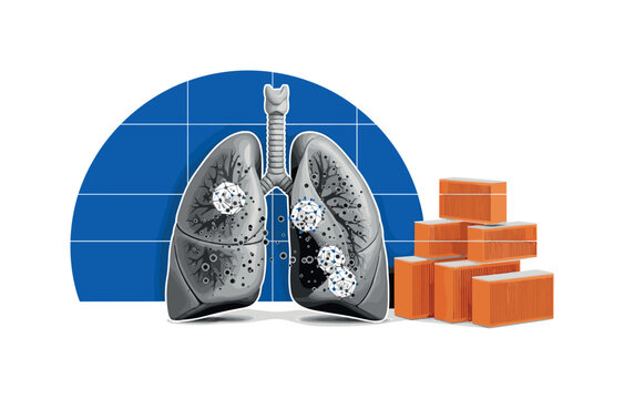 Black and white lungs with microscopic particles being captured by small geometric nanostructures, oversized cobalt blue semicircle behind, orange rectangular