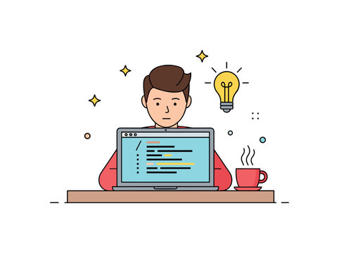 Coding on laptop developer seated at desk with open laptop displaying simple lines of code and small coffee mug nearby, subtle lightbulb icon suggesting