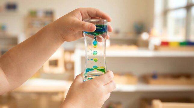 Child hands holding liquid motion bubbler sensory toy autism ADHD classroom