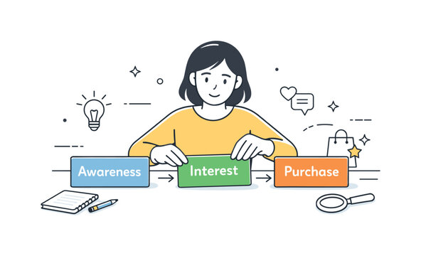 Customer Journey Mapping. A marketer arranging cards representing stages labeled ?Awareness?, ?Interest?, and ?Purchase?. Calm analytical process of organizing