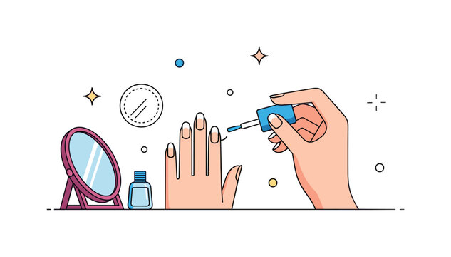 French manicure at home beauty routine featuring a simplified hand applying white polish to the nail tip while a small mirror and cotton pad complete the