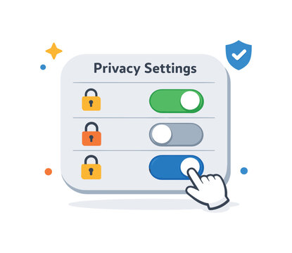 Privacy settings control a dashboard panel with toggle switches and lock icons being adjusted by a small hand cursor, illustrating the idea of managing