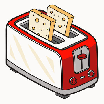 Modern red and silver toaster with two slices of white bread inside showing side control panel buttons and lever for home appliance vector concept