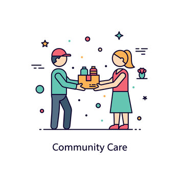 Community resilience volunteer action badge with a simplified figure passing a small supply box to another, symbolizing mutual aid and grassroots organization.