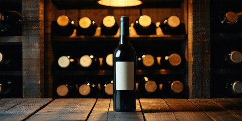Naklejka premium Dark wine cellar displays bottles. Single bottle stands out, illuminated. Rustic wooden shelves create warm ambiance.
