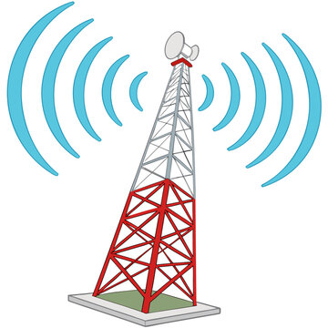 A red and white communication tower with large antennas on top, emitting blue circular radio waves, representing connectivity