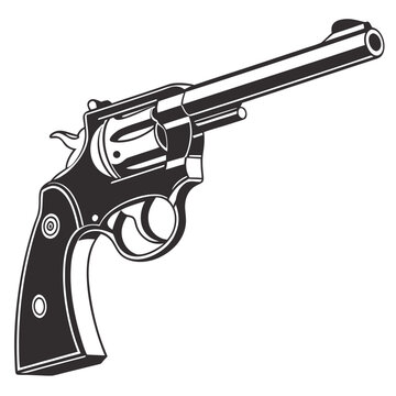 Vintage revolver gun, pistol, isolated vector illustration in monochrome style for military, security, or self defense concept