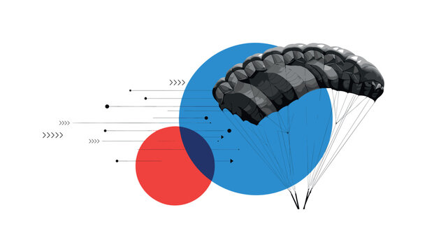 Monochrome parachute canopy enlarged and partially cropped for dramatic composition, combined with overlapping blue and red circles and thin diagonal lines