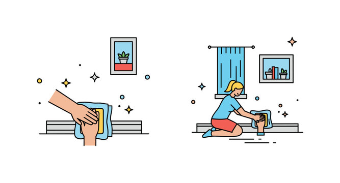 DIY home care task centered on wiping baseboards as part of a weekend cleaning ritual. Minimal room geometry and subtle shine effects convey satisfaction and