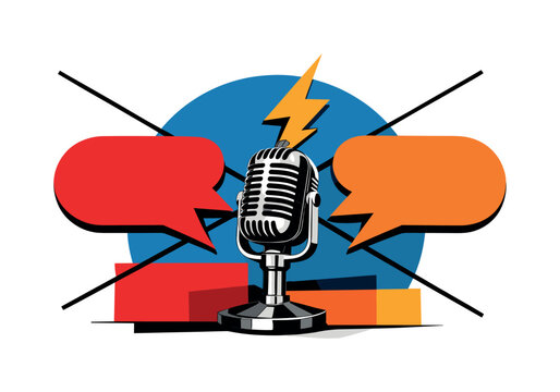 A black and white retro microphone positioned between two opposing abstract speech bubbles (one red, one orange), thin diagonal black lines crossing the layout