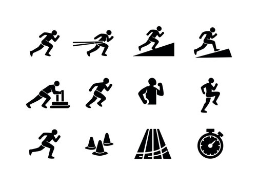 Athletic Speed Training. Solid icon set of Athletic Speed Training: athlete sprinting, resistance band run, uphill sprint, downhill sprint, sled push, sprint