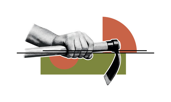 A monochrome close-up of a hand gripping a hoe handle, intersected by bold geometric arcs and flat color blocks symbolizing labor and growth, thin horizontal