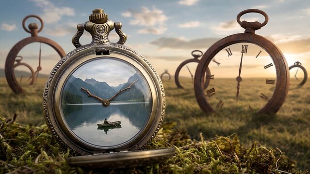 Surreal landscape reflection inside a pocket watch with multiple pocket watches in a grassy field at sunset