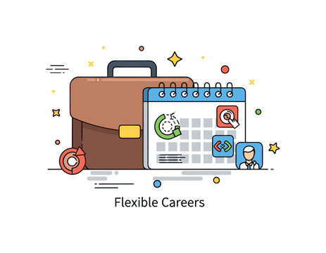 Retirement and continued work balance concept illustrated by a briefcase and a calendar with flexible schedule icons. A compact ?Flexible Careers? text detail