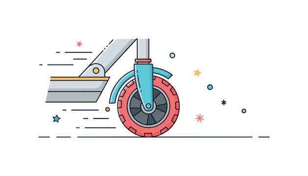 Push scooter wheel close up detailed wheel with visible tread and simple fork frame above, subtle motion lines suggesting smooth urban movement. A compact