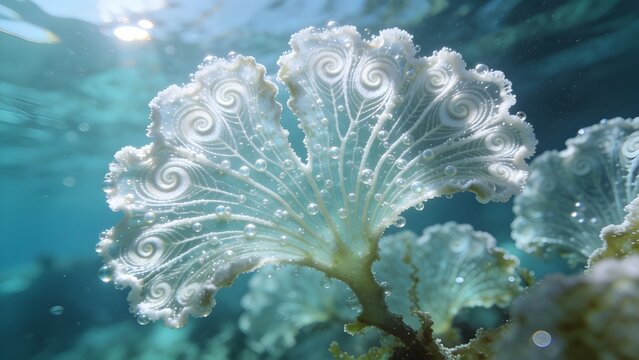 Underwater Macro Rare Peacock Algae Padina Sanctae-Crucis White Scroll Patterns Delicate Fan Shapes Ethereal Marine Wellness Abstract