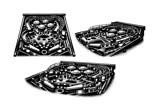 Pinball machine playfield interior. A realistic pinball machine depicted as one object in three different views, emphasizing ramps, bumpers, flippers, and