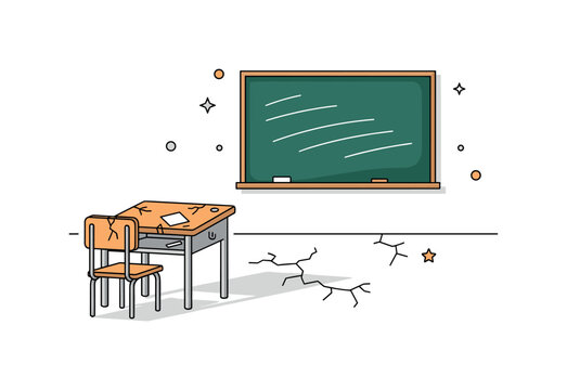 Abandoned classroom interior featuring a single worn desk and a chalkboard with faint erased lines. Cracked floor details and soft shadow shapes convey the