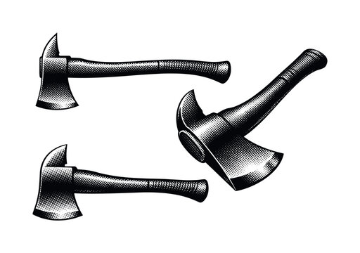 Fire axe displayed as one object in three positions including side profile, angled perspective, and top-down view emphasizing blade shape and handle form.