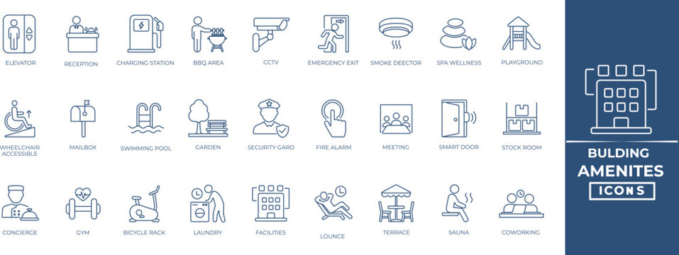 Building amenities line icon set. Parking, elevator, security, meeting room, storage, reception, swimming pool, pet-friendly, gym, and more.Editable outline icons collection.