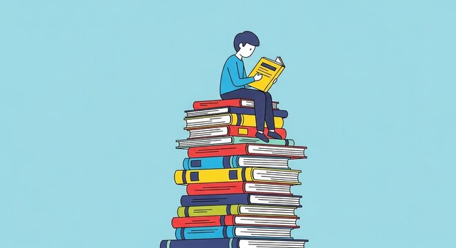 Cartoon reader perched atop colorful book stack studying peacefully