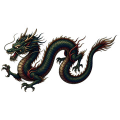 Fototapeta premium A colorful dragon with a long tail and sharp claws is depicted