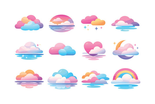 Dreamy clouds. Colorful flat vector icons set of dreamy clouds: soft clouds, pastel cloudscape, floating clouds, gentle sky shapes, calm cloud forms, airy