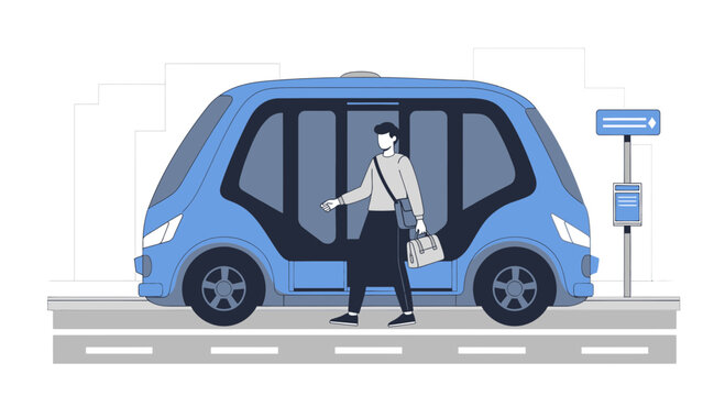 Autonomous shuttle bus picking up passenger on city street, futuristic transport concept