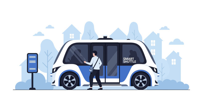Autonomous shuttle bus picking up passenger on street with houses and trees