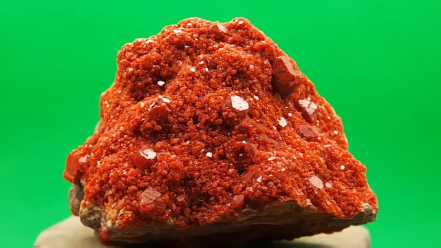Vanadinite Mineral Specimen with Orange Crystals on Grey Rock Matrix Against Green Background for Scientific Study