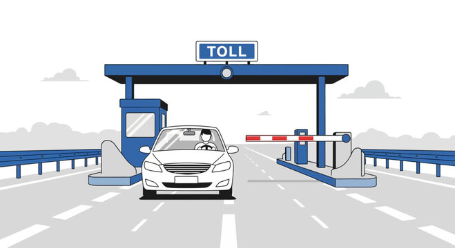 Car approaching toll booth on highway, barrier raised, payment system, traffic infrastructure