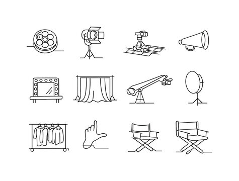 Classic Film Studio Setup. Minimalistic set one-line drawing [film reel canister, studio spotlight with barn doors, camera dolly track, megaphone, script