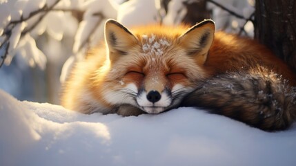 Fototapeta premium A photo of a fox curled up in snow