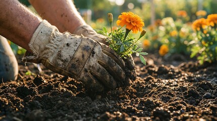 Obraz premium Close-up of Dirty Gardening Gloves Holding a Fresh Marigold Flower Seedling