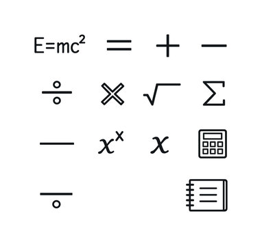 Formula. Line icon set of Formula: mathematical formula, equals sign, plus minus symbols, division symbol, multiplication symbol, square root, summation sign,