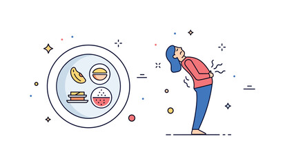 Overeating discomfort concept built around a plate with small portion icons and a figure leaning back while holding their stomach, expressing fullness and