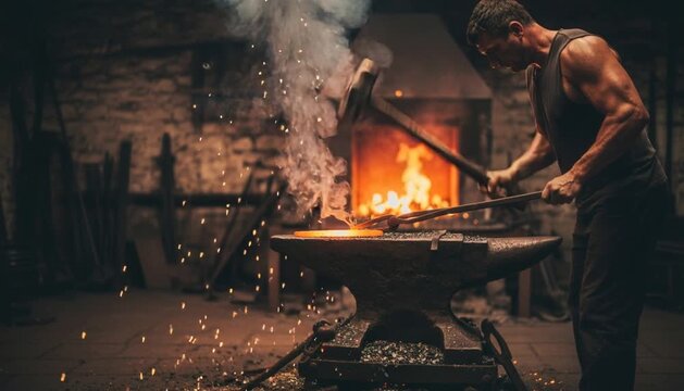 Forging a blade, crafting tradition under the glow of a blacksmith fire