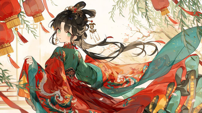 Ancient style hanfu girl walking and dancing under red lanterns and willow trees