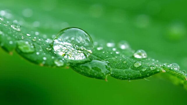 Water Droplet on Green Leaf Surface with Clear Reflections, Macro View of Fresh Wet Texture for Nature Concepts