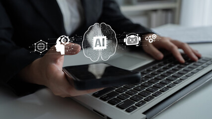 Fototapeta premium AI assistant with LLM, big data, machine learning, and generative AI powers prompt engineering and supports agentic AI for advanced business applications. Latch