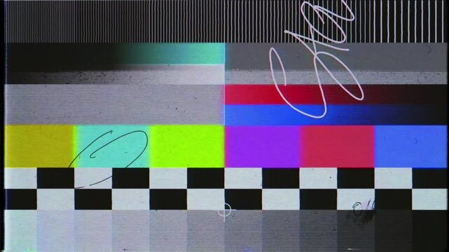 Vintage television test pattern overlay with colorful bars and glitch effect moving vertically with hand drawn scribbles creating analog distortion seamless loop animation