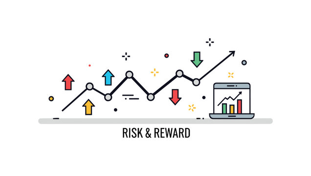 Market volatility scene featuring a zigzag line chart with small arrow indicators pointing both upward and downward. A compact ?Risk & Reward? text detail