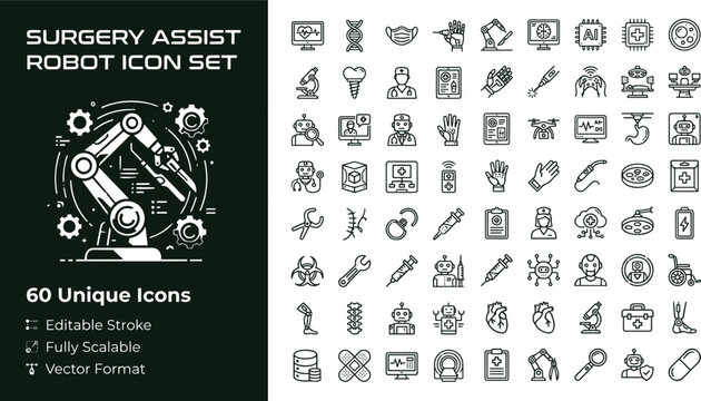 Surgery assist robot line icon set with medical robotics surgical automation hospital technology and healthcare operation symbols