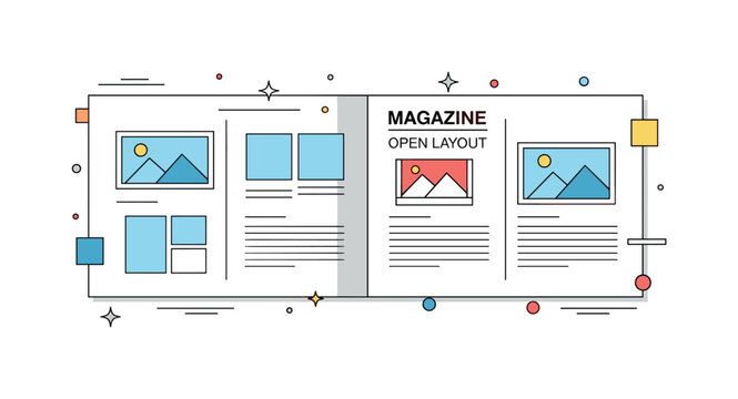 Magazine open layout concept shown as two wide pages with simple image placeholders and text lines, expressing design and editorial structure. The compact icon