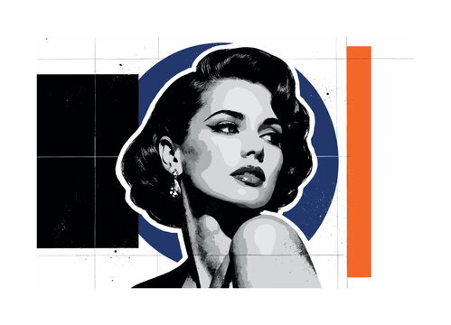 Black and white retro-style portrait cropped dramatically for a magazine cover layout, bold asymmetric composition with oversized typographic blocks implied as