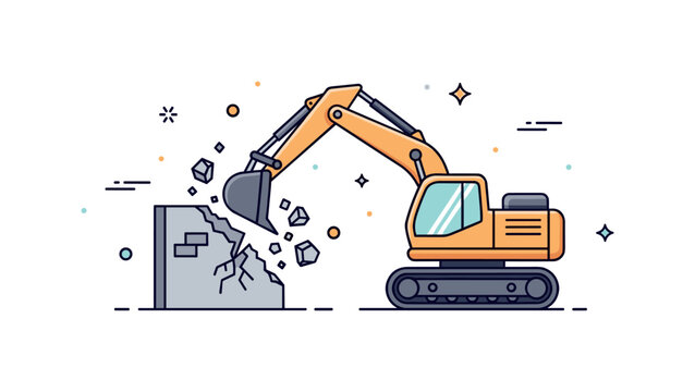 Building demolition process focused on a simplified excavator breaking a small concrete wall with visible cracks and flying geometric fragments, capturing