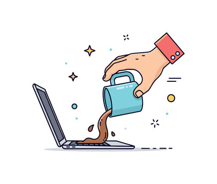 A hand knocking over a coffee mug with liquid spilling onto a laptop keyboard, illustrating sudden mishap, stress, and everyday accidents. Minimalist flat