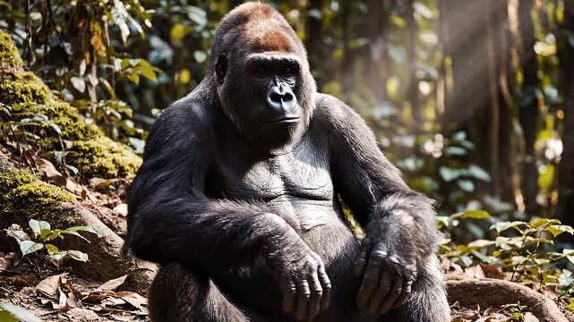 A majestic silverback gorilla sits calmly in its natural jungle habitat, bathed in dappled sunlight, observing its surroundings.