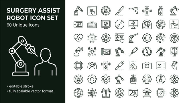 Surgery assist robot line icon set with surgical robotics medical automation healthcare technology and operation equipment symbols