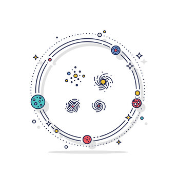 Observable universe boundary circular frame enclosing small clusters of galaxies with faint dotted outer edge. A thoughtful concept badge about limits of